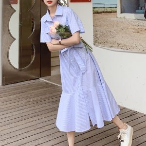 Fitted Blue Striped Shirt Dress for Women - Summer 2025 Mermaid Style, Unique Design, High-End Fashion