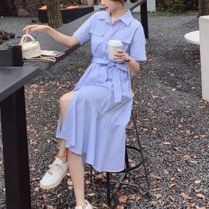 Fitted Blue Striped Shirt Dress for Women - Summer 2025 Mermaid Style, Unique Design, High-End Fashion