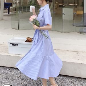Fitted Blue Striped Shirt Dress for Women - Summer 2025 Mermaid Style, Unique Design, High-End Fashion