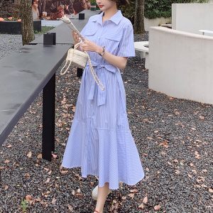 Fitted Blue Striped Shirt Dress for Women - Summer 2025 Mermaid Style, Unique Design, High-End Fashion
