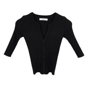Fitted Sexy V-Neck Knitted Cardigan with Five-Point Sleeves - Korean Dongdaemun Style Women's Top for a Flattering Silhouette