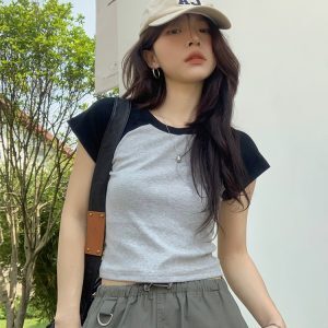 Fitted Short Sleeve T-shirt for Jazz Dance, K-pop Style, Sweet and Spicy Design, European and American Trendy Fashion