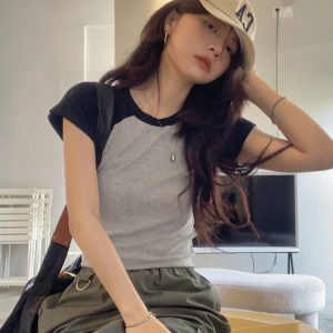 Fitted Short Sleeve T-shirt for Jazz Dance, K-pop Style, Sweet and Spicy Design, European and American Trendy Fashion