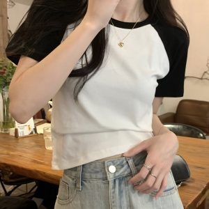 Fitted Short Sleeve T-shirt for Jazz Dance, K-pop Style, Sweet and Spicy Design, European and American Trendy Fashion