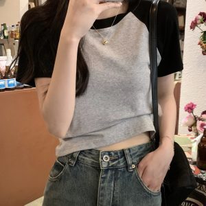 Fitted Short Sleeve T-shirt for Jazz Dance, K-pop Style, Sweet and Spicy Design, European and American Trendy Fashion