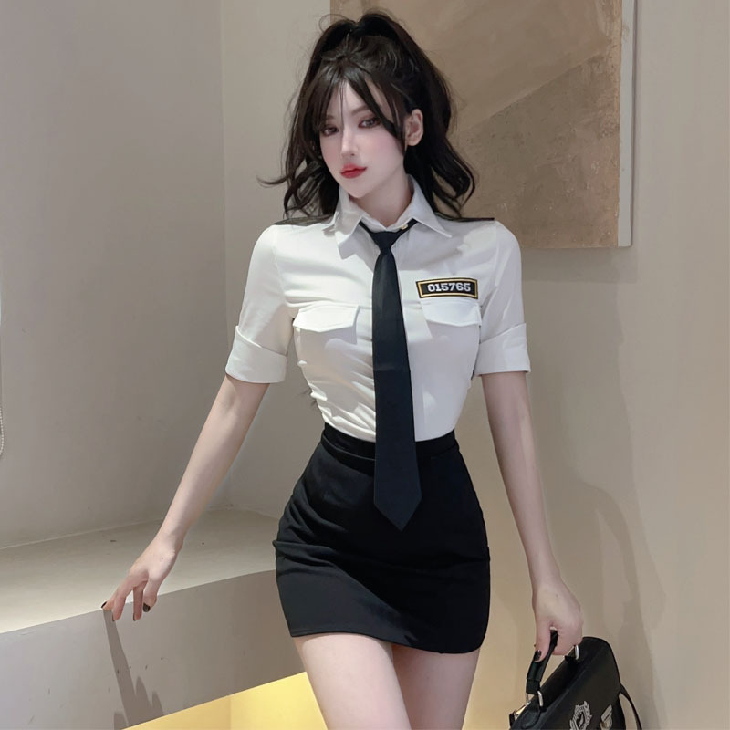 Fitted Short-Sleeve White Shirt for Women - Professional JK Uniform with Bodycon Skirt - Sexy & Stylish for Foot Massage Therapists