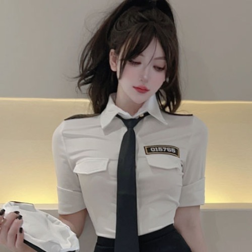 Fitted Short-Sleeve White Shirt for Women - Professional JK Uniform with Bodycon Skirt - Sexy & Stylish for Foot Massage Therapists