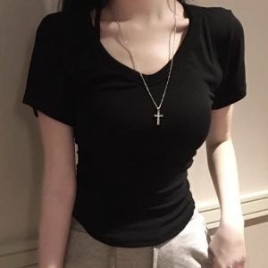 Fitted V-Neck Pink Short-Sleeve T-Shirt for Women - Summer Slim Fit Solid Color Top - Korean Style 2025 Fashion