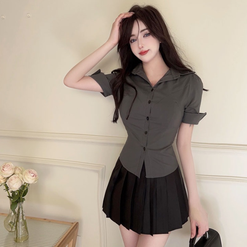 Fitted Women's Short-Sleeve Gray Work Shirt & Pleated Skirt Uniform for Wellness Center, Hotel Front Desk, Professional Attire