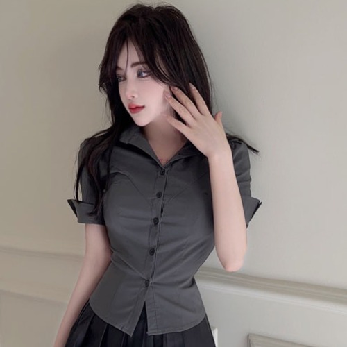 Fitted Women's Short-Sleeve Gray Work Shirt & Pleated Skirt Uniform for Wellness Center, Hotel Front Desk, Professional Attire