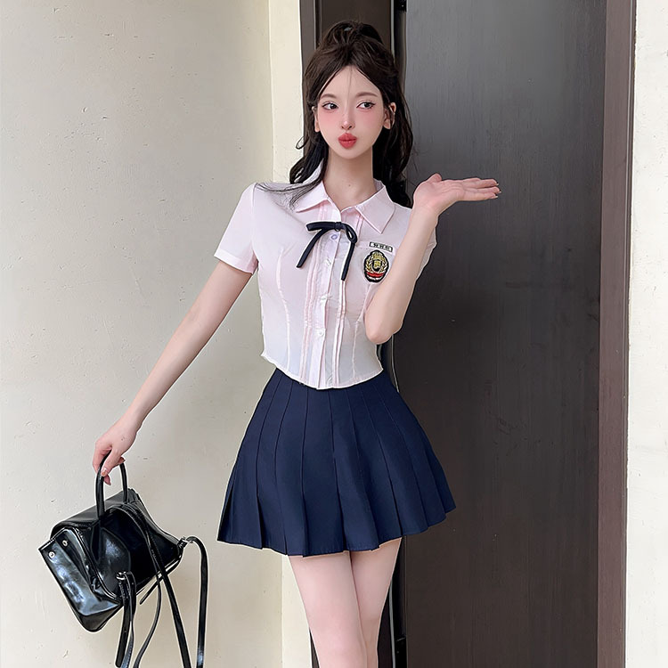Fitted Women's Short-Sleeve Pink Bow Tie Shirt with Pleated Skirt - Wellness Center Technician Uniform Outfit