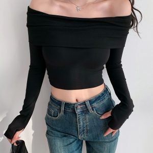 Flared One-Shoulder Long Sleeve Crop Top T-Shirt in Retro European and American Style, Perfect for Y2K and 90s Fashion Trends