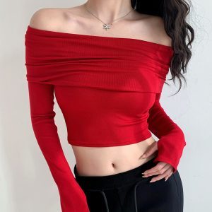 Flared One-Shoulder Long Sleeve Crop Top T-Shirt in Retro European and American Style, Perfect for Y2K and 90s Fashion Trends