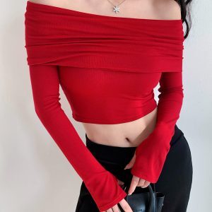 Flared One-Shoulder Long Sleeve Crop Top T-Shirt in Retro European and American Style, Perfect for Y2K and 90s Fashion Trends