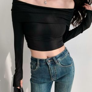 Flared One-Shoulder Long Sleeve Crop Top T-Shirt in Retro European and American Style, Perfect for Y2K and 90s Fashion Trends