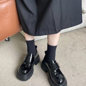 Fleece-Lined Chunky-Heeled Genuine Leather Women's Loafers - British Style Height-Increasing Velcro Shoes for 2024