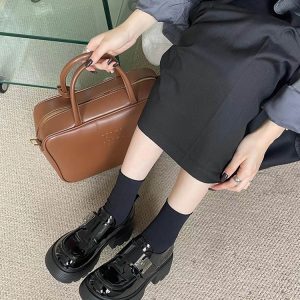 Fleece-Lined Chunky-Heeled Genuine Leather Women's Loafers - British Style Height-Increasing Velcro Shoes for 2024