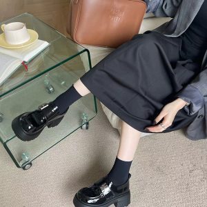 Fleece-Lined Chunky-Heeled Genuine Leather Women's Loafers - British Style Height-Increasing Velcro Shoes for 2024