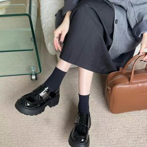 Fleece-Lined Chunky-Heeled Genuine Leather Women's Loafers - British Style Height-Increasing Velcro Shoes for 2024