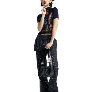Floral Black Flared Pants - Women's 90s Inspired Skirted Trousers for Trendy Y2K Style