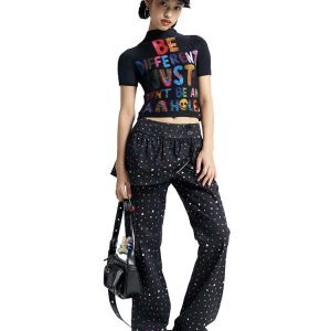 Floral Black Flared Pants - Women's 90s Inspired Skirted Trousers for Trendy Y2K Style