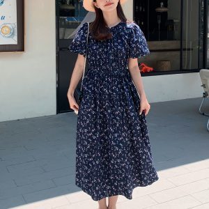 Floral Bubble Sleeve Dress for Women - Summer 2025 High-End Slimming Design, Unique 90s Inspired Tea Break Style