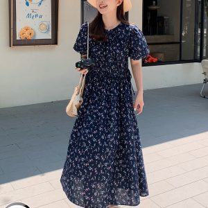 Floral Bubble Sleeve Dress for Women - Summer 2025 High-End Slimming Design, Unique 90s Inspired Tea Break Style