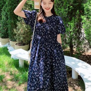 Floral Bubble Sleeve Dress for Women - Summer 2025 High-End Slimming Design, Unique 90s Inspired Tea Break Style