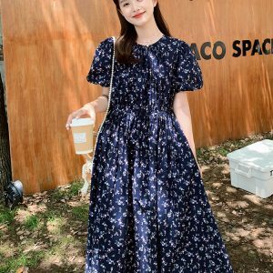 Floral Bubble Sleeve Dress for Women - Summer 2025 High-End Slimming Design, Unique 90s Inspired Tea Break Style