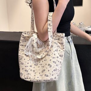 Floral Canvas Tote Bag for Women, 2024 Trendy Large Capacity Art Bag, Stylish Student Class Carryall, Y2K Aesthetic