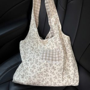Floral Check Canvas Tote Bag - Fairy-Inspired Artistic College Style, Large Capacity Underarm and Handheld Shoulder Bag