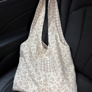 Floral Check Canvas Tote Bag - Fairy-Inspired Artistic College Style, Large Capacity Underarm and Handheld Shoulder Bag