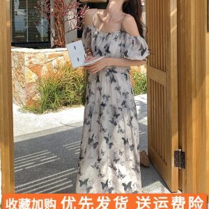 Floral Chiffon One-Shoulder Dress for Women, Off-Shoulder Summer 2025 Beach Vacation Style, Elegant Long Dress
