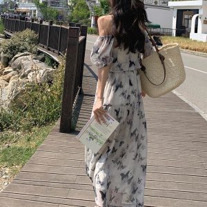 Floral Chiffon One-Shoulder Dress for Women, Off-Shoulder Summer 2025 Beach Vacation Style, Elegant Long Dress