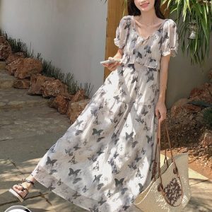 Floral Chiffon One-Shoulder Dress for Women, Off-Shoulder Summer 2025 Beach Vacation Style, Elegant Long Dress
