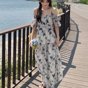 Floral Chiffon One-Shoulder Dress for Women, Off-Shoulder Summer 2025 Beach Vacation Style, Elegant Long Dress