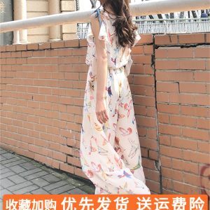Floral Chiffon Spaghetti Strap Jumpsuit for Women - Summer 2025 Beach Vacation Outfit with Wide-Leg Pants