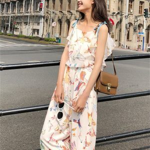 Floral Chiffon Spaghetti Strap Jumpsuit for Women - Summer 2025 Beach Vacation Outfit with Wide-Leg Pants