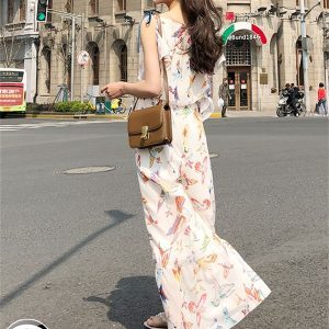 Floral Chiffon Spaghetti Strap Jumpsuit for Women - Summer 2025 Beach Vacation Outfit with Wide-Leg Pants