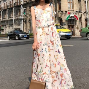 Floral Chiffon Spaghetti Strap Jumpsuit for Women - Summer 2025 Beach Vacation Outfit with Wide-Leg Pants