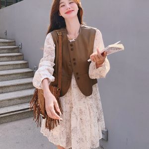 Floral Dress Vest Outfit for Women - High-End Spring Autumn Fashion 2025, Trendy Floral Layering, Elegant Look