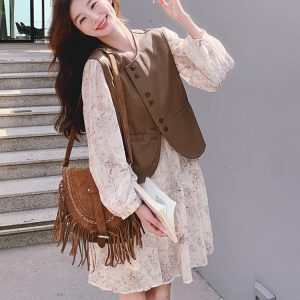 Floral Dress Vest Outfit for Women - High-End Spring Autumn Fashion 2025, Trendy Floral Layering, Elegant Look