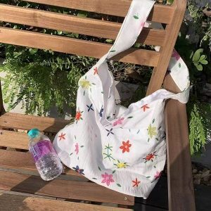 Floral Embroidery Canvas Shoulder Bag - Casual Country Style, Large Capacity, Versatile for Spring/Summer Vacation, Korean Style