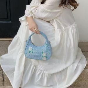 Floral Embroidery Mini Handbag - Diagonal Cross Denim Crossbody Bag in Japanese & Korean Style for Women - Fashionable & Versatile