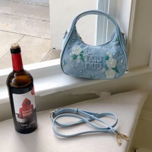 Floral Embroidery Mini Handbag - Diagonal Cross Denim Crossbody Bag in Japanese & Korean Style for Women - Fashionable & Versatile