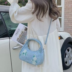 Floral Embroidery Mini Handbag - Diagonal Cross Denim Crossbody Bag in Japanese & Korean Style for Women - Fashionable & Versatile