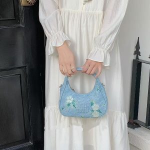 Floral Embroidery Mini Handbag - Diagonal Cross Denim Crossbody Bag in Japanese & Korean Style for Women - Fashionable & Versatile