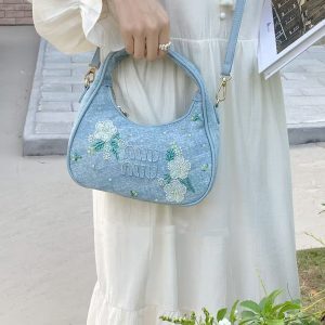 Floral Embroidery Mini Handbag - Diagonal Cross Denim Crossbody Bag in Japanese & Korean Style for Women - Fashionable & Versatile