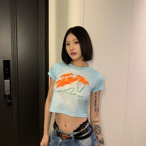 Floral Gradient Round Neck Cropped T-Shirt for Women, Slim Fit, Short Sleeve, American Style, Trendy Y2K Fashion