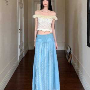 Floral Lace One-Shoulder Top and Lightweight Embroidered Skirt Set - Summer Vacation Style for Women, Age-Reducing, Boho Chic